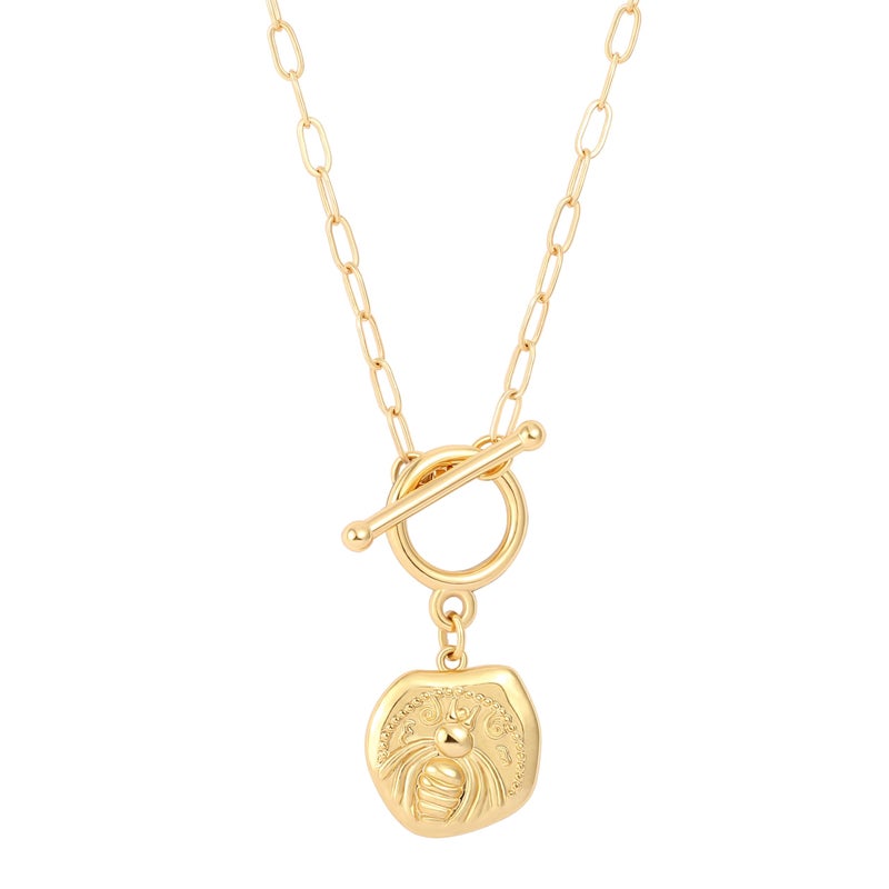 POTESSA 18k Gold Coin Pendant Bee Necklace for Women Toggle Paperclip Chain Necklace Fashion Jewelry Mother's Day Gifts for Her - Image 1